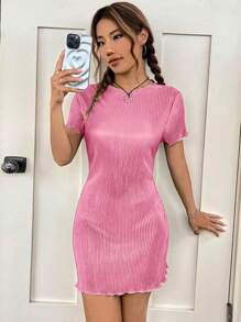 SHEIN EZwear 纯色生菜叶饰边连衣裙 - 粉色 - 查看 3