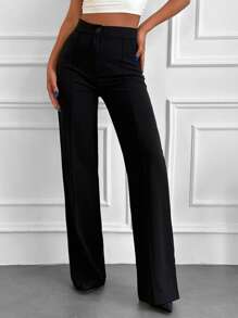 EURMUSE High Waist Button Front Trousers - Black - View 1