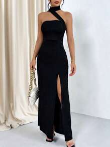 Firerie Solid Split Thigh Halter Neck Backless Split Thigh Dress - Black - View 4