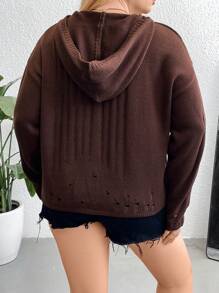 Flirla 加大码破洞落肩连帽针织套头衫秋冬毛衣 - 巧克力棕 - 查看 2