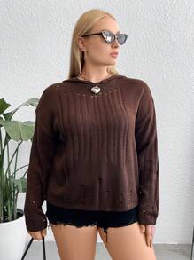 Flirla 加大码破洞落肩连帽针织套头衫秋冬毛衣 - 巧克力棕 - 查看 6