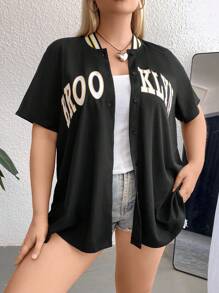 Flirla Plus Letter Graphic Raglan Sleeve Baseball Collar Tee - Black - View 1