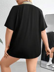 Flirla Plus Letter Graphic Raglan Sleeve Baseball Collar Tee - Black - View 2