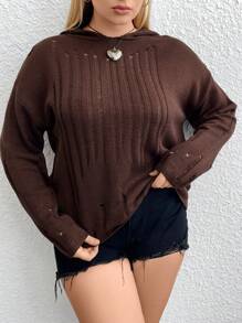 Flirla 加大码破洞落肩连帽针织套头衫秋冬毛衣 - 巧克力棕 - 查看 7