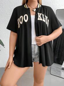 Flirla Plus Letter Graphic Raglan Sleeve Baseball Collar Tee - Black - View 3