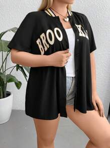 Flirla Plus Letter Graphic Raglan Sleeve Baseball Collar Tee - Black - View 5