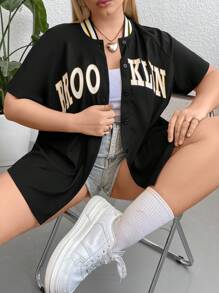 Flirla Plus Letter Graphic Raglan Sleeve Baseball Collar Tee - Black - View 6