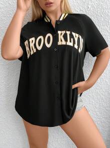 Flirla Plus Letter Graphic Raglan Sleeve Baseball Collar Tee - Black - View 7