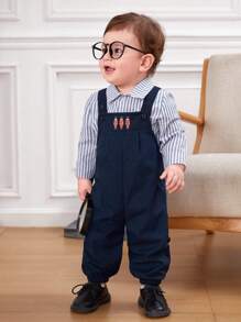 SHEIN 嬰兒男童可愛圖案背帶褲連身衣，輕盈布料 - 藏蓝色 - 查看 1