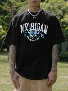 男士字母圖案落肩T恤 - 黑色 - 查看 1