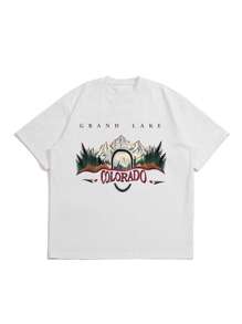 Áo thun nam tay ngắn, vai rớt, in họa tiết núi non, kiểu dáng thường ngày, thích hợp mặc mùa xuân/hè. - trắng - Xem 4