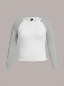 SHEIN BASICS Talla grande Camiseta de color combinado de manga raglán - Blanco - Ver 2