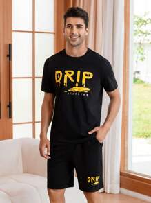 Men Letter Graphic PJ Set - Black - View 1