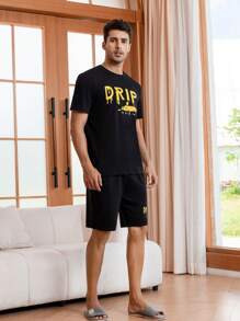 Men Letter Graphic PJ Set - Black - View 4