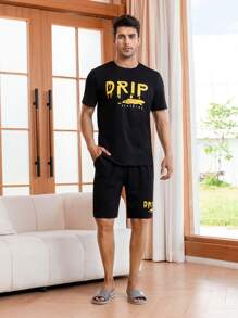 Men Letter Graphic PJ Set - Black - View 5