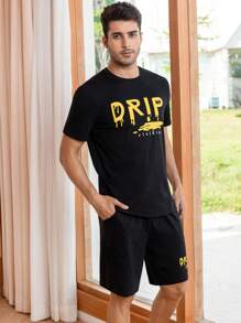 Men Letter Graphic PJ Set - Black - View 6