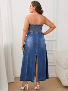 SHEIN Essnce Plus Button Front Tube Denim Dress - Dark Wash - View 2