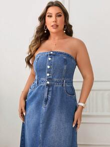 SHEIN Essnce Plus Button Front Tube Denim Dress - Dark Wash - View 6