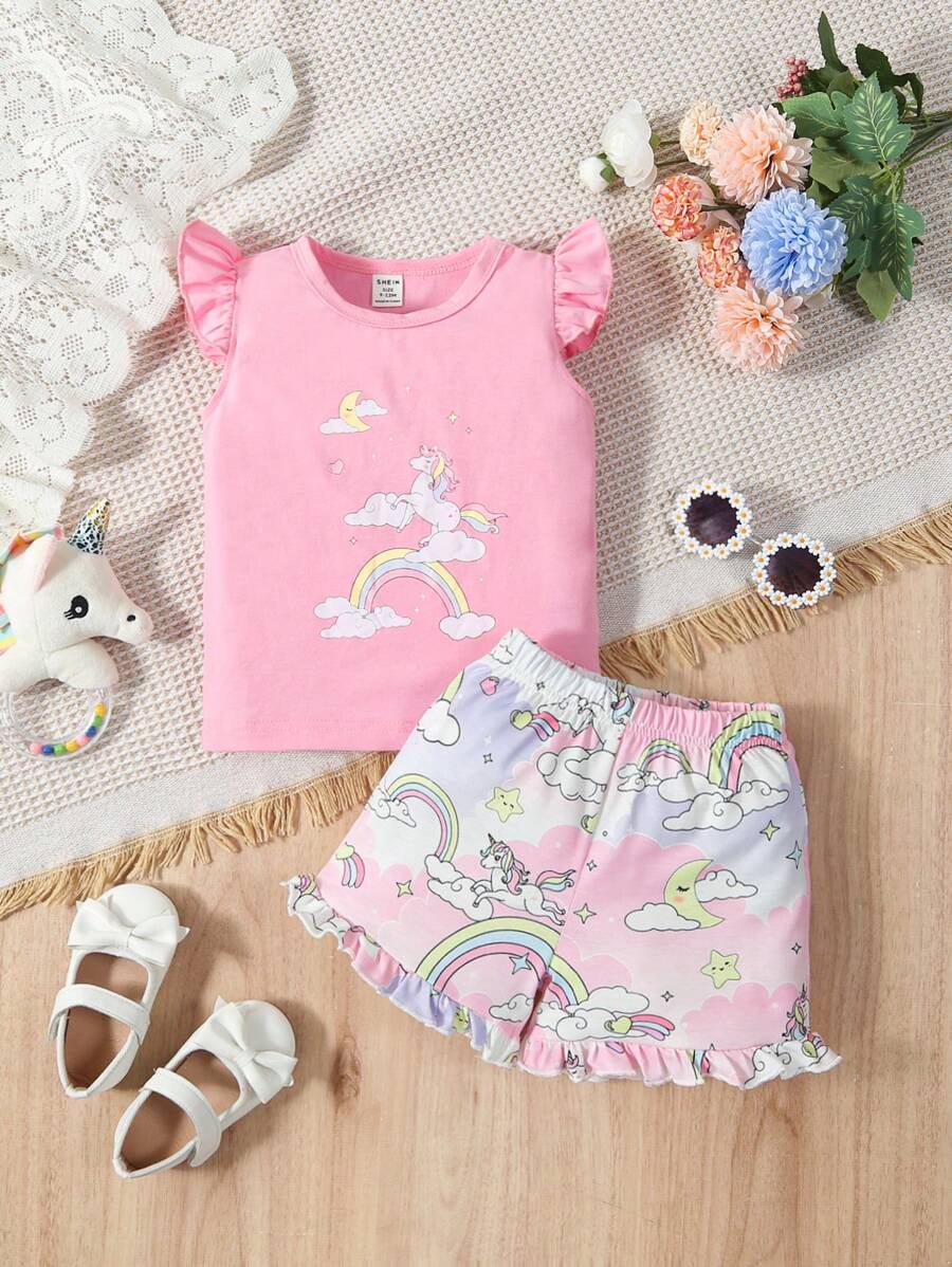 SHEIN Bebé niña Camiseta con estampado de unicornio ribete con fruncido & Shorts bajo con fruncido - Rosa - Ver 1