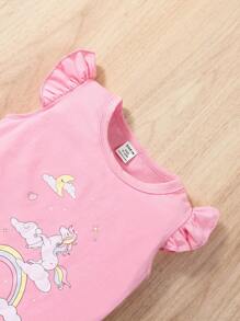 SHEIN Bebé niña Camiseta con estampado de unicornio ribete con fruncido & Shorts bajo con fruncido - Rosa - Ver 4