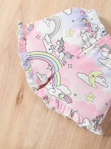 SHEIN Bebé niña Camiseta con estampado de unicornio ribete con fruncido & Shorts bajo con fruncido - Rosa - Ver 6