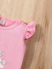 SHEIN Bebé niña Camiseta con estampado de unicornio ribete con fruncido & Shorts bajo con fruncido - Rosa - Ver 7