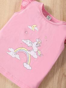 SHEIN Bebé niña Camiseta con estampado de unicornio ribete con fruncido & Shorts bajo con fruncido - Rosa - Ver 8