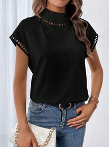 SHEIN Essnce Contrast Guipure Lace Mock Neck Batwing Sleeve Blouse