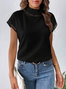 SHEIN Essnce Contrast Guipure Lace Mock Neck Batwing Sleeve Blouse