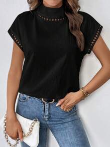 SHEIN Essnce Contrast Guipure Lace Mock Neck Batwing Sleeve Blouse