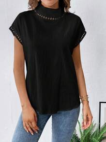 SHEIN Essnce Contrast Guipure Lace Mock Neck Batwing Sleeve Blouse