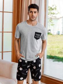 Men Letter Graphic Pocket Patched PJ Set / Pajama Set - Multicolor - View 3