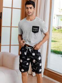 Men Letter Graphic Pocket Patched PJ Set / Pajama Set - Multicolor - View 7