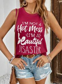SHEIN LUNE Top tank con estampado de slogan - Rosa Fucsia - Ver 1