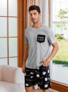 Men Letter Graphic Pocket Patched PJ Set / Pajama Set - Multicolor - View 5