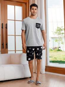 Men Letter Graphic Pocket Patched PJ Set / Pajama Set - Multicolor - View 6