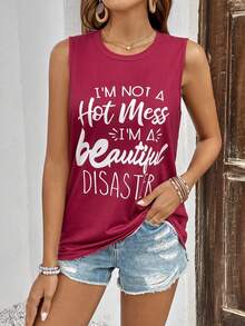 SHEIN LUNE Top tank con estampado de slogan - Rosa Fucsia - Ver 4