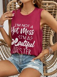 SHEIN LUNE Top tank con estampado de slogan - Rosa Fucsia - Ver 5