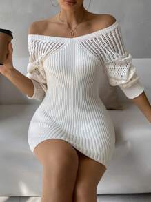 Chiquease Off Shoulder Pointelle Knit Bodycon Dress - Beige - View 1