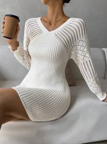 Chiquease Off Shoulder Pointelle Knit Bodycon Dress - Beige - View 6
