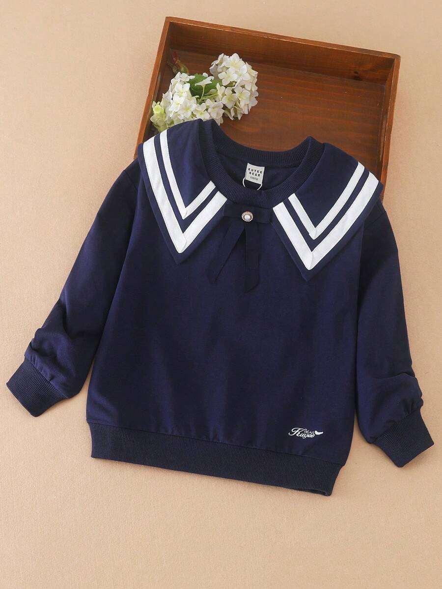 青少年女孩学院风水手领长袖轻便运动衫，春秋季 - 藏蓝色 - 查看 1