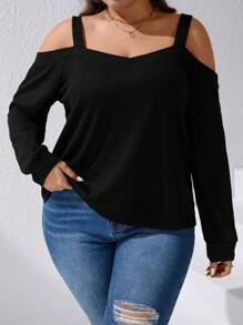 SHEIN LUNE Plus Solid Cold Shoulder Sweatshirt - Black - View 1