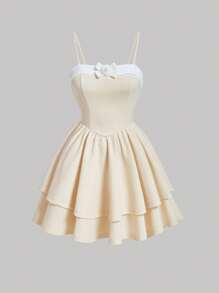 SHEIN MOD 前蝴蝶結二層下擺吊帶連衣裙 - 黃色 - 查看 1
