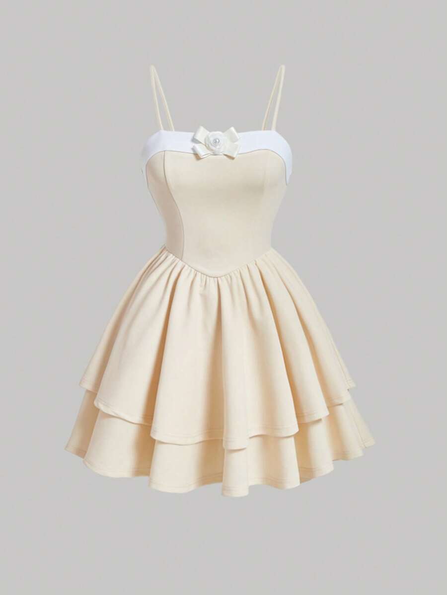 SHEIN MOD 前蝴蝶結二層下擺吊帶連衣裙 - 黃色 - 查看 1