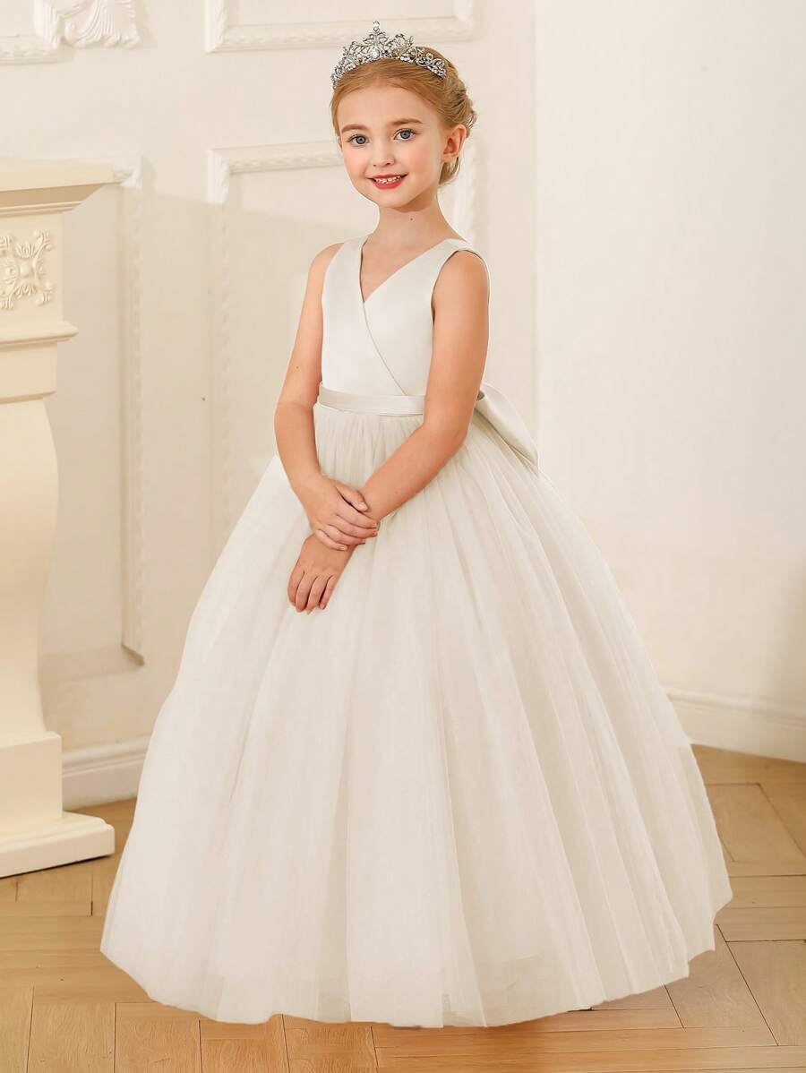 Sleeveless Young Girl's Long Party Dress With Bow And Mesh Decorations