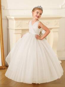 Sleeveless Young Girl's Long Party Dress With Bow And Mesh Decorations