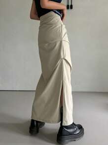 DAZY 純色褶皺分裂擺裙 - 卡其色 - 查看 7