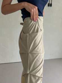 DAZY 純色褶皺分裂擺裙 - 卡其色 - 查看 3