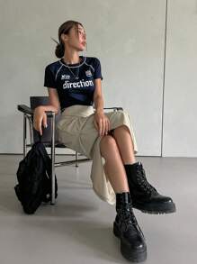 DAZY 純色褶皺分裂擺裙 - 卡其色 - 查看 5