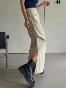 DAZY 純色褶皺分裂擺裙 - 卡其色 - 查看 9